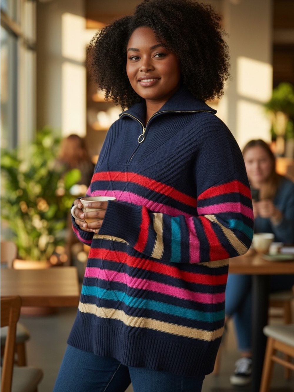 🆕 Charter Club - Navy Striped - Half-Zip Sweater - Multi-Color Bands - NWT